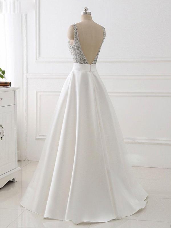 A-line V-neck Beaded Top Ivory Satin Long 2019 Newest Prom Dresses, TYP1197