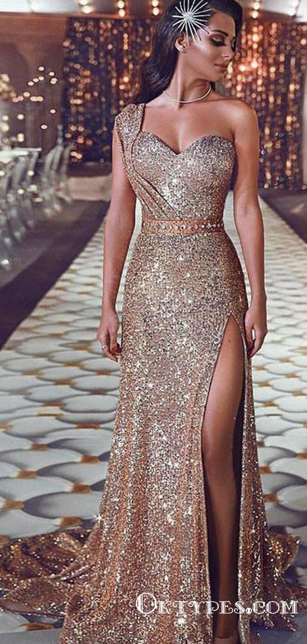 A-line Gold Sequins V-neck Sparkle Prom Dress Party Dress QP1354 – SQOSA