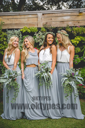 Two Piece Chiffon Floor Length Bridesmaid Dresses, Cowl Simple Bridesmaid Dresses, TYP0393