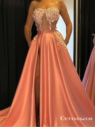 Strapless Orange Long Appliques Evening Gowns With Pockets Prom Dresses, TYP1704
