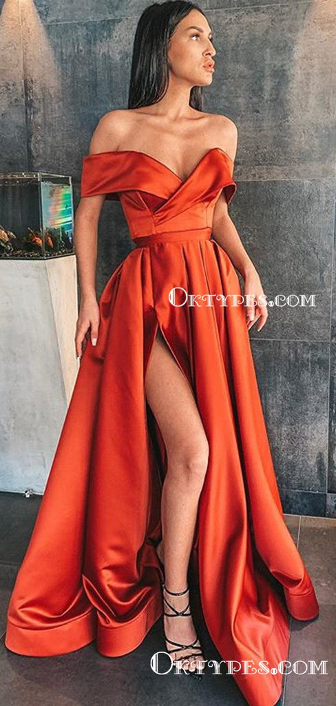 Charming A-Line Orange Satin Off-the-Shoulder High Split Long Cheap Prom Dresses, PDS0033