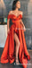 Charming A-Line Orange Satin Off-the-Shoulder High Split Long Cheap Prom Dresses, PDS0033