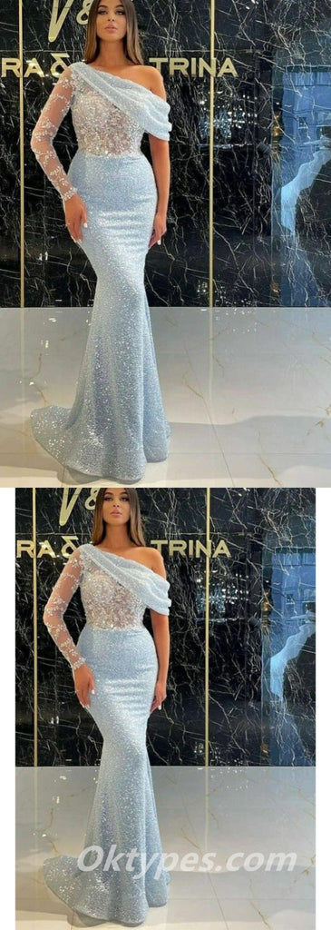 Elegant Special Fabric One Shoulder One sleeve Mermaid Long Floor Length Prom Dresses With Applique,PDS0362