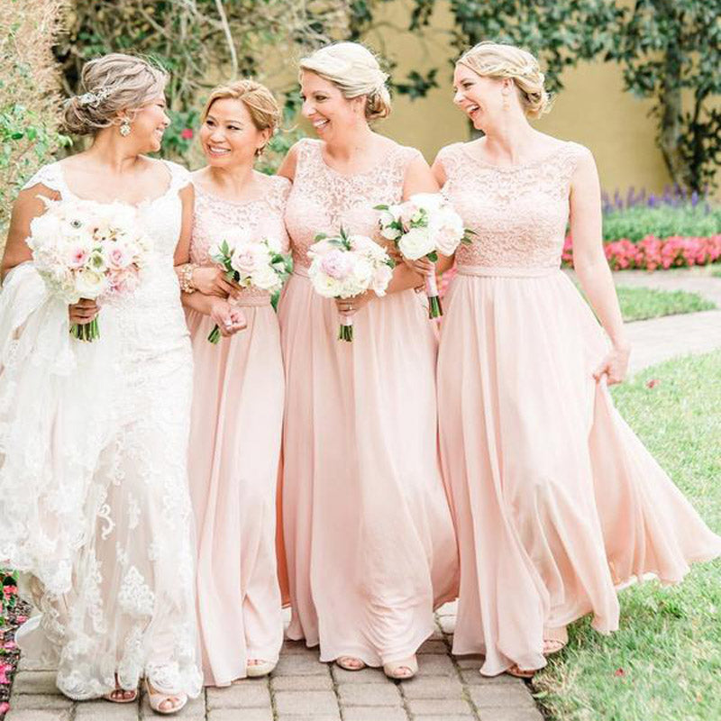 Blush Pink Long Bridesmaid Dresses Lace Bodice Blushing Wedding Party Dresses, TYP1210