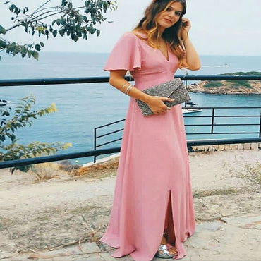 Unique V-Neck Short Sleeves Side Slit Pink Chiffon Long Cheap Bridesmaid Dresses Online, TYP1051