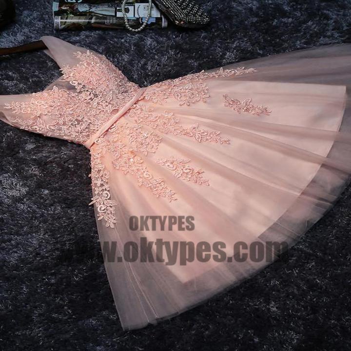 Cheap V Neck Peach Lace Beaded Cute Homecoming Dresses, Homecoming Dresses, TYP0613