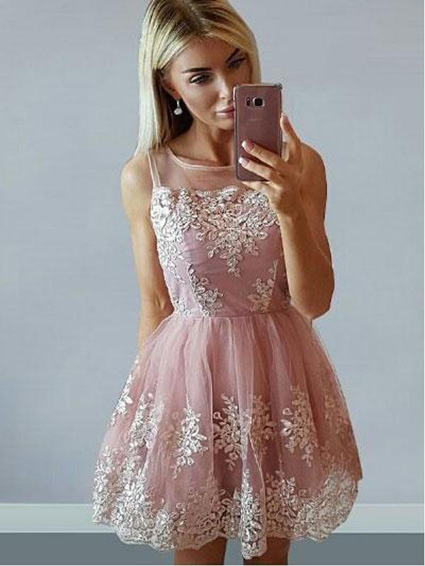 Cheap Cute Pink Scoop Straps Lace Homecoming Dresses 2018, CM473