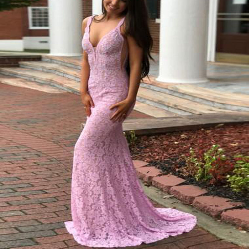 Light Pink Prom Dresses, Long Lace Mermaid Prom Dresses, Halter Prom Dresses, Open-back Prom Dresses, TYP0079