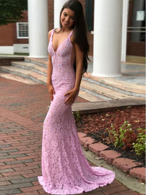 Light Pink Prom Dresses, Long Lace Mermaid Prom Dresses, Halter Prom D – Oktypes