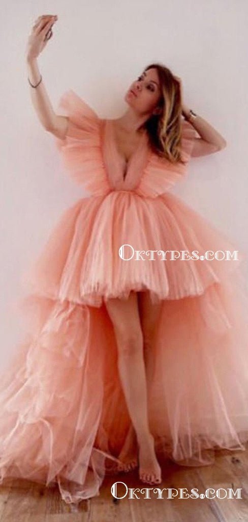Elegant Sexy Deep V-neck Sleeveless Pink Tulle High Low A-line Long Cheap Evening Prom Dresses, PDS0030