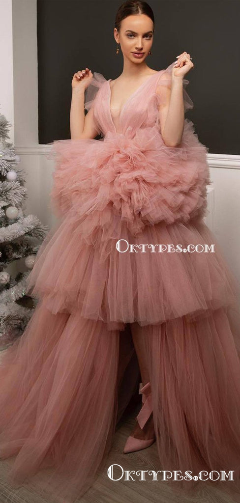 Ball Gown Newest Hot Selling Sexy V-neck Sleeveless Pink Tulle Long Cheap Prom Dresses, PDS0002