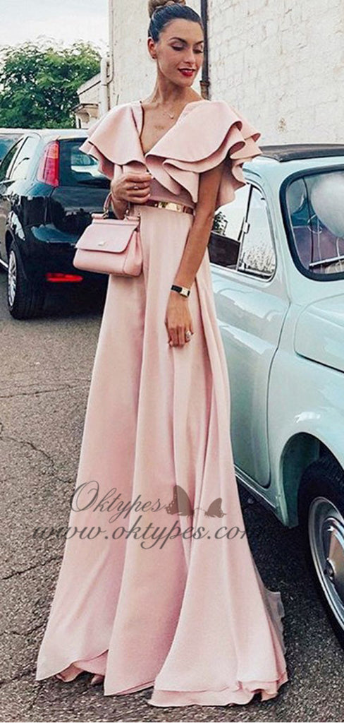 Unique A-Line V-Neck Pink  Long Evening Prom Dresses with Ruffles, TYP1510