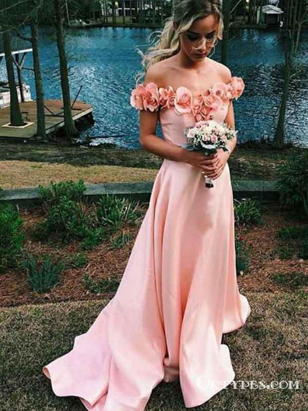 Charming Pink Off Shoulder Long Cheap Prom Dresses With Handmade Flowe – Oktypes Charming Pink Off Shoulder Long Cheap Prom Dresses With Handmade Flowe – Oktypes
