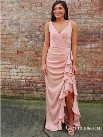 A-Line V-Neck Pink Sleeveless Floor Length Prom Dresses with Split, TYP1886