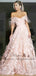 A-Line Off-the-Shoulder Sweep Train Pink Lace Prom Dresses with Feather, TYP1509