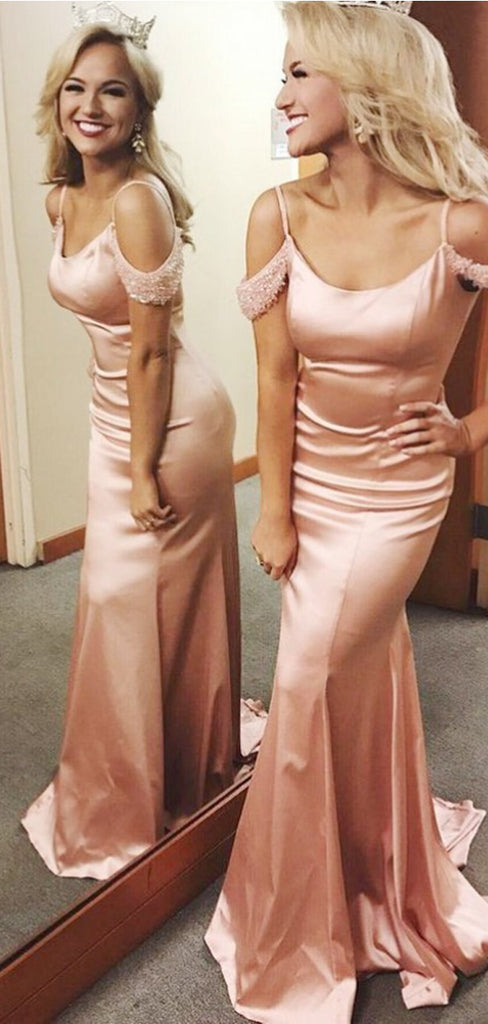 Mermaid Spaghetti Straps Pink Soft Satin Prom Dresses with Beading, TYP1298