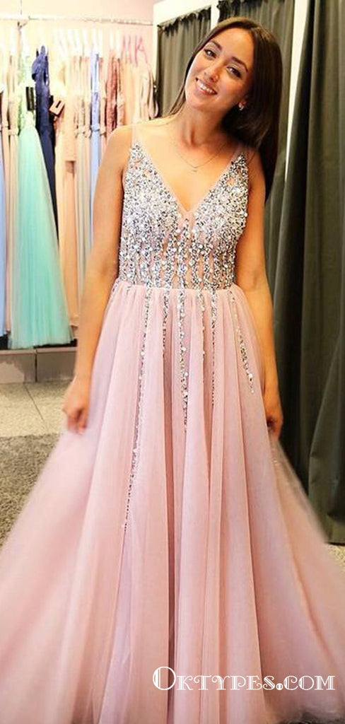 Shining Pink Tulle V-neck  A-line Prom Dresses With Rhinestones, TYP1645