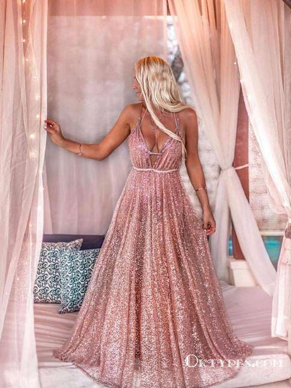 Sparkly A-Line Deep V-Neck Long Prom Dresses with Sequins, TYP1790