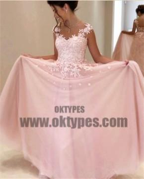Pink Top Lace Appliques Spaghetti Strap Backless Tulle Prom Dresses, TYP0675