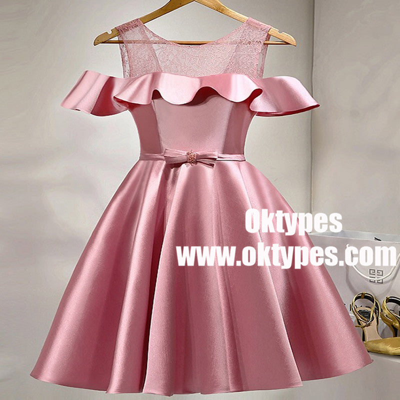 Pink Off Shoulder Satin Girls Cocktail Homecoming Dresses, TYP0962
