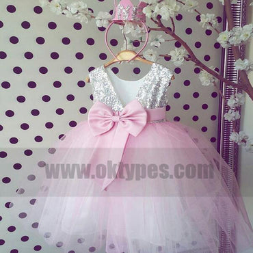 Silver Sequined Pink Tulle Flower Girl Dresses, Cute Flower Girl Dresses, TYP0768