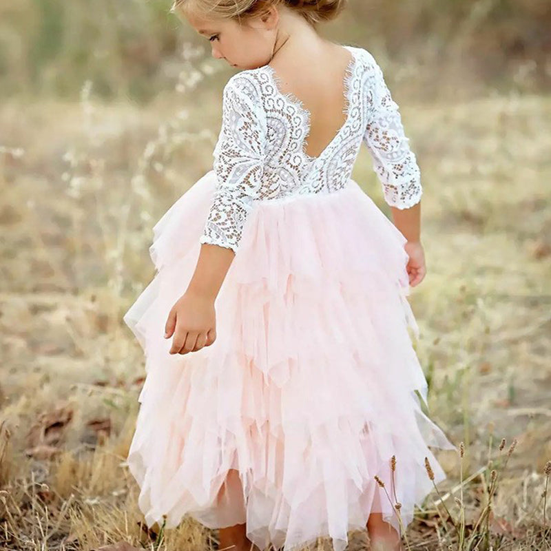 A-Line Scoop Tea-Length 3/4 Sleeves Pink Flower Girl Dresses with Lace Ruffles, TYP1027
