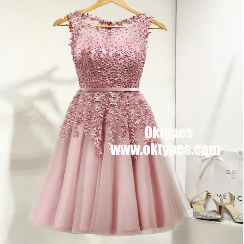 Dusty Pink Lace Beaded See Through Homecoming Prom Dresses, TYP0904