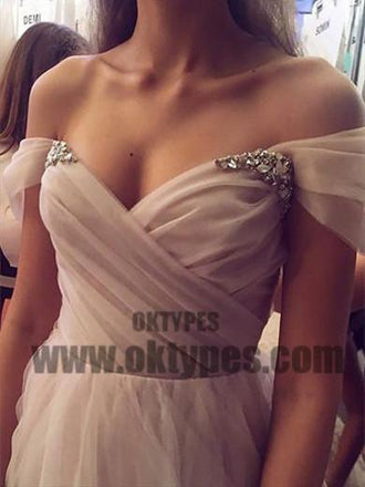 Long Light Pink Off-shoulder Ball Gown Prom Dresses With Little Beaded, TYP0581