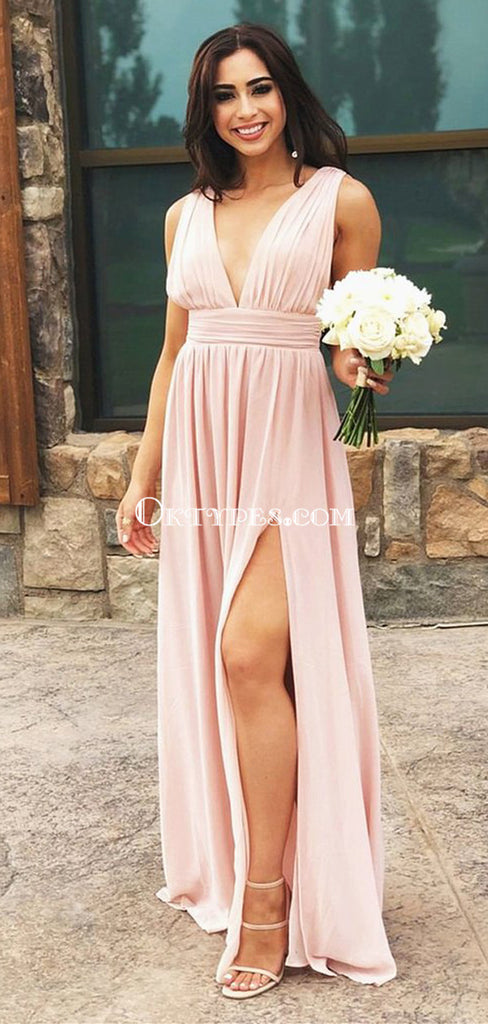 Elegant V-neck Sleeveless Pink Chiffon Side Slit Long Cheap Bridesmaid Dresses, BDS0097