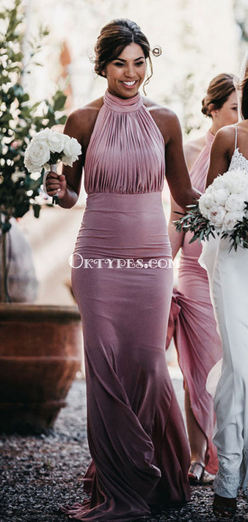 Popular Halter Pink Mermiad Long Cheap Bridesmaid Dresses, BDS0095