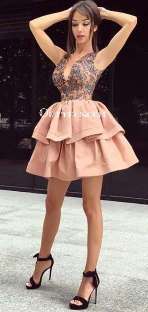 Charming V-neck Pink Backless A-line Cheap Short Homecoming Dresses, HDS0028