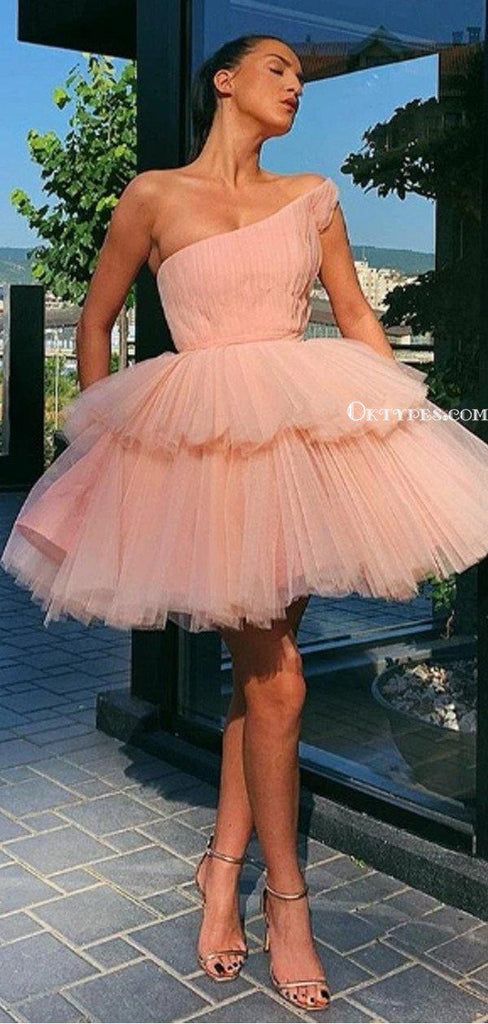 Charming One Shoulder Pink Tulle A-line Cheap Short Homecoming Dresses, HDS0007