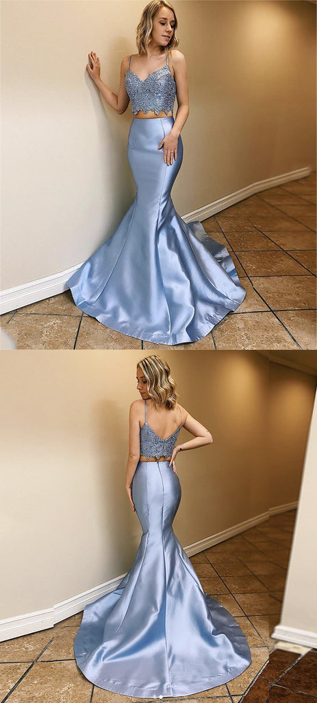 Blue Sequin Satin Spaghetti Straps Mermaid Prom Dresses, PDS0299