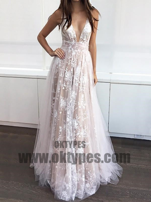 Long Floor Length White Lace Prom Dresses, Sexy Deep V-neck Prom Dresses, Backless Prom Dresses, TYP0274