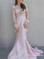 Pink round neck Long Sleeve Long Mermaid Prom Dresses With Applique, TYP1694