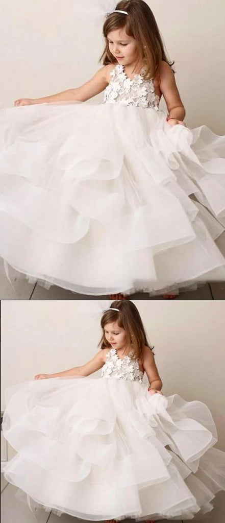 A-Line Round Neck Tiered White Organza Flower Girl Dresses With Lace Applique, FGS0029