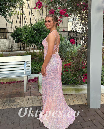 Sexy Sequin Spaghetti Straps V-Neck Lace Up Back Sleeveless Side Slit Mermaid Long Prom Dresses, PDS0954