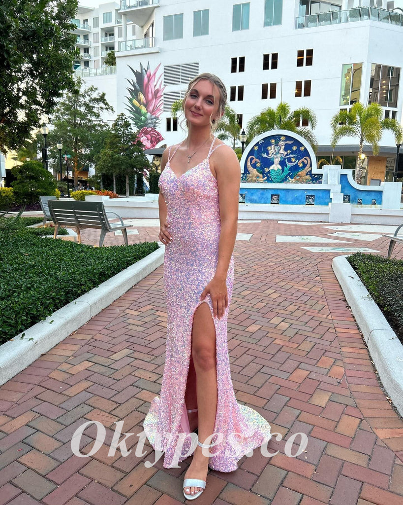 Sexy Sequin Spaghetti Straps V-Neck Lace Up Back Sleeveless Side Slit Mermaid Long Prom Dresses, PDS0954