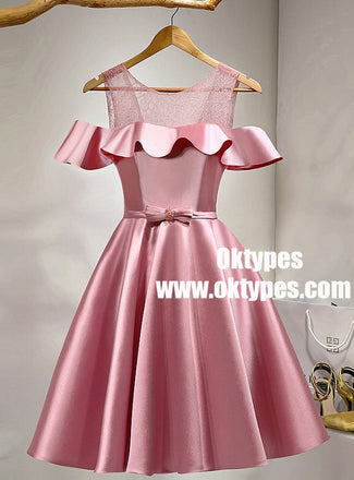 Pink Off Shoulder Satin Girls Cocktail Homecoming Dresses, TYP0962