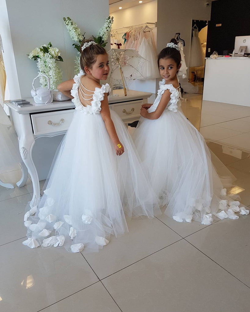 Backless Puffy Tulle Flower Girls Dresses with 3D Floral Appliques, TYP1379
