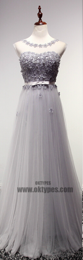 Appliques Beading Tulle Long Floor Length Prom Dresses, Scoop Backless Prom Dresses, TYP0358