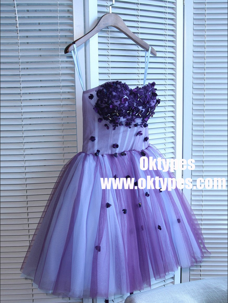 Purple Tulle Ball Gown Homecoming Dresses With Handmade Flower Beaded, TYP0965