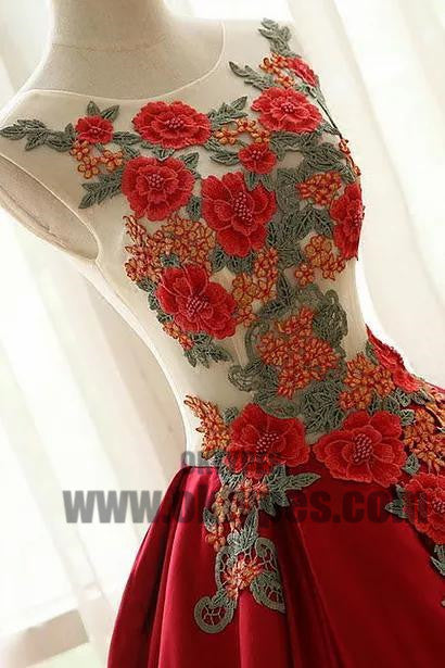 A-line Long Prom Dresses, Red Appliques Prom Dresses, Jewel Prom Dresses, Lace Up Prom Dresses, TYP0226