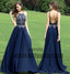 Navy Blue Chiffon Prom Dresses, Sexy Top Beading Halter Strap Prom Dresses, TYP0388