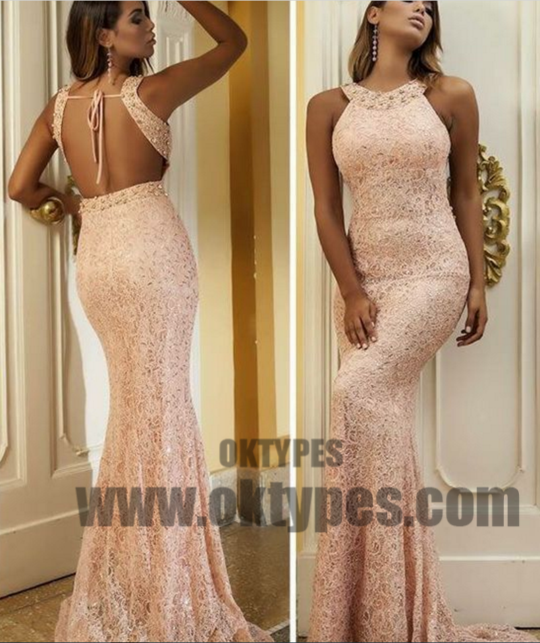 Long Mermaid Prom Dresses, Pink Lace Prom Dresses With Little Beading, Grecian Prom Dresses, Backless Prom Dresses, TYP0228