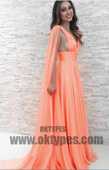 Light Orange Long Prom Dresses, Sexy V-neck Prom Dresses, Watteau Train Prom Dresses, V-back Prom Dresses, TYP0234