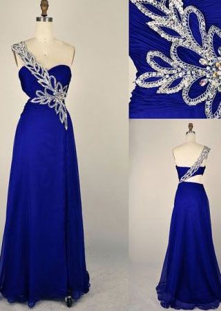Royal Blue Long Prom Dresses, Appliques Prom Dresses With Little Beading, One-shoulder Prom Dresses, TYP0230
