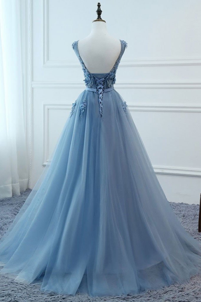 V Neck Dusty Blue Lace Beaded Long Evening Prom Dresses, Cheap Custom Party Prom Dresses, PDS0090