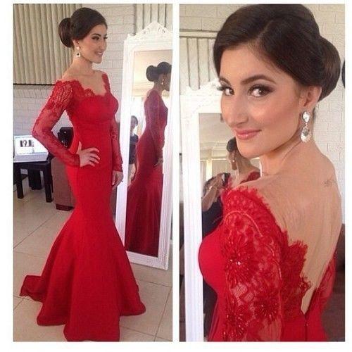 Red Lace Off Shoulder Long Sleeve Mermaid Soft Satin Long Prom Dresses, TYP0031