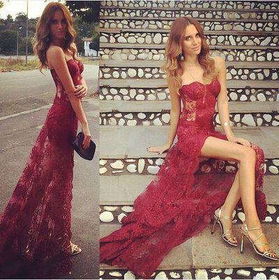 Red Long Mermaid Prom Dresses, Sweetheart Lace Prom Dresses, Front Split Prom Dresses, Zipper Prom Dresses, TYP0210